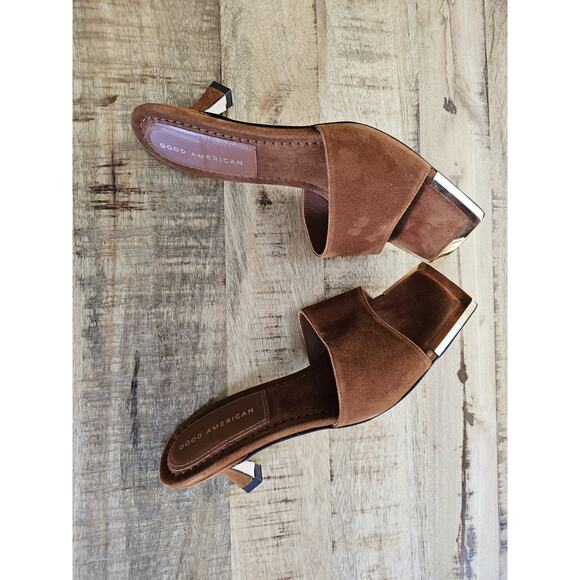 Good American THE STANDOUT Square Toe Mule Sandal Suede Tobacco Size 7 - Picture 9 of 11
